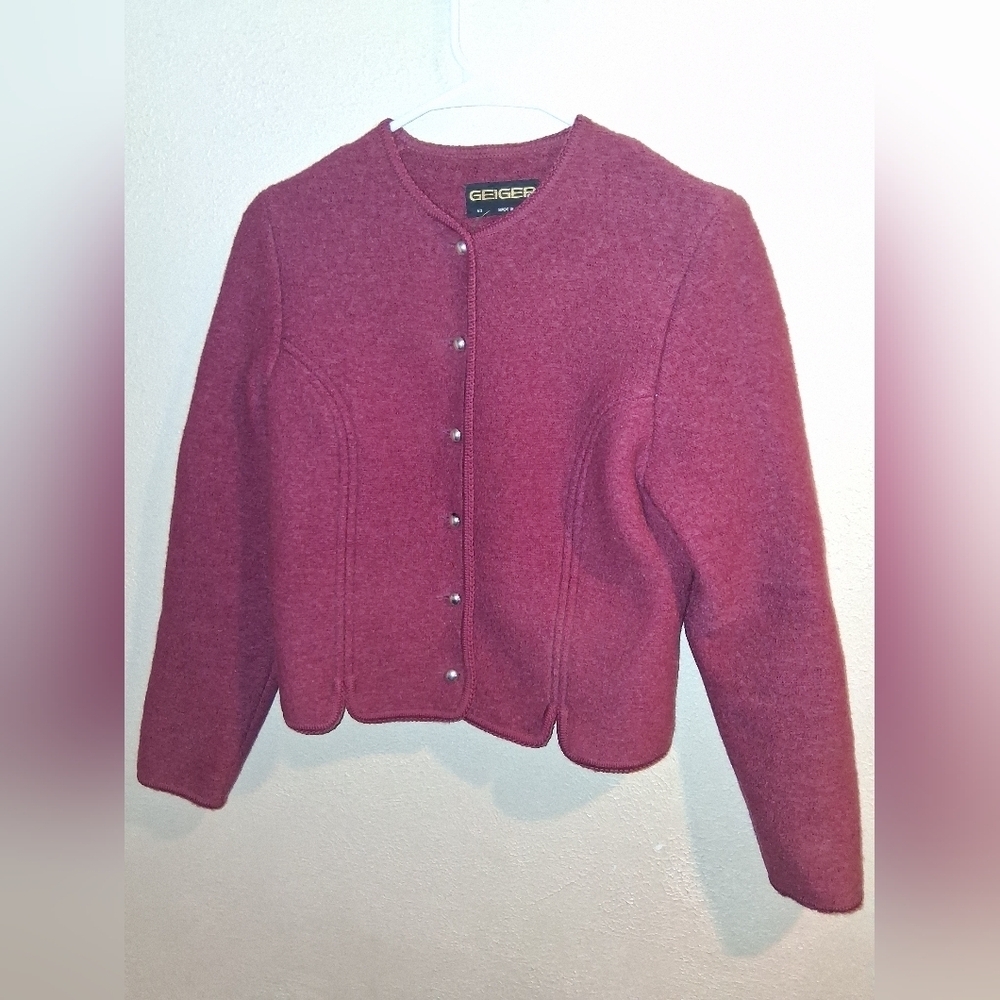 Vtg Geiger Tyrol Boiled Wool Red BurgendyJacket Medium Silver Buttons 90s 10